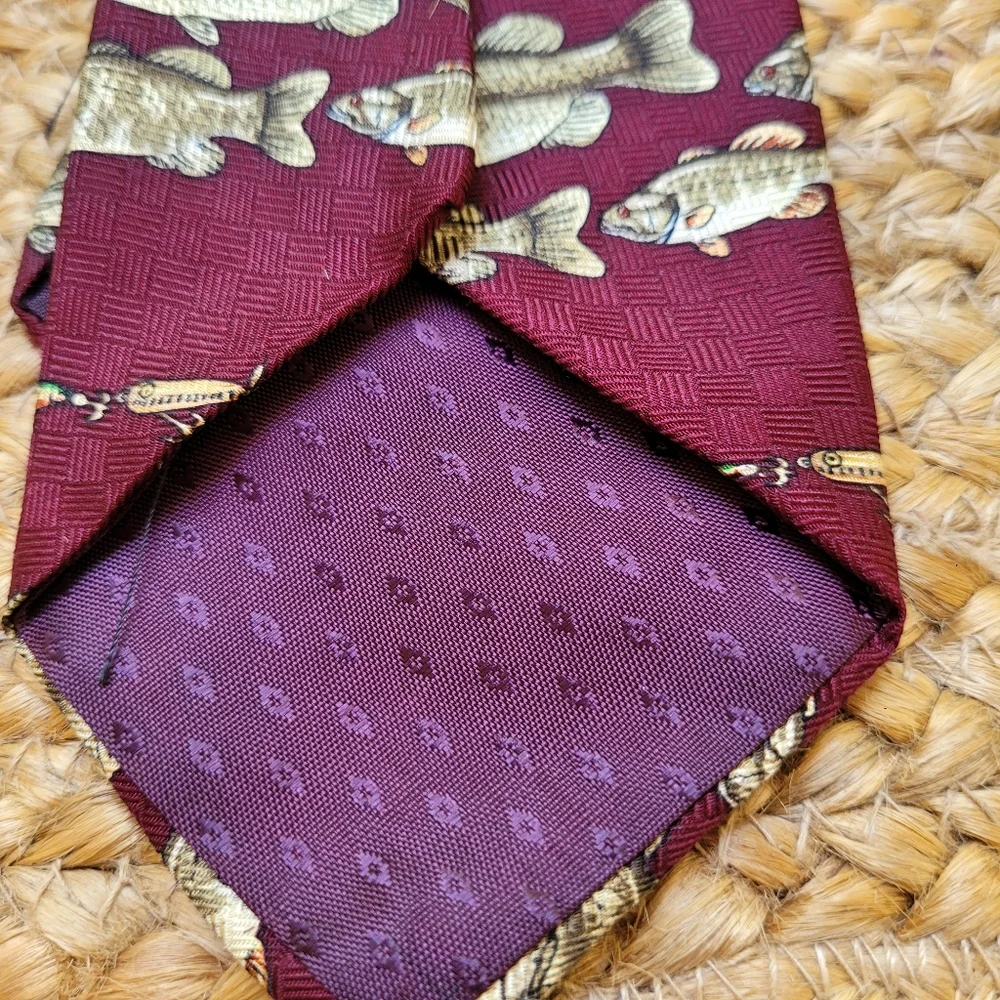 Youth Tie, Burgandy with Fish and Lures 100% silk